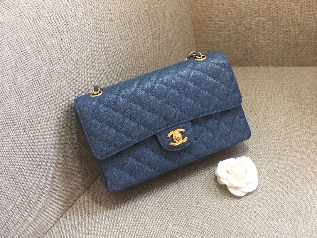 Medium Classic Flap Caviar Bag A01112 Dark Blue/Gold